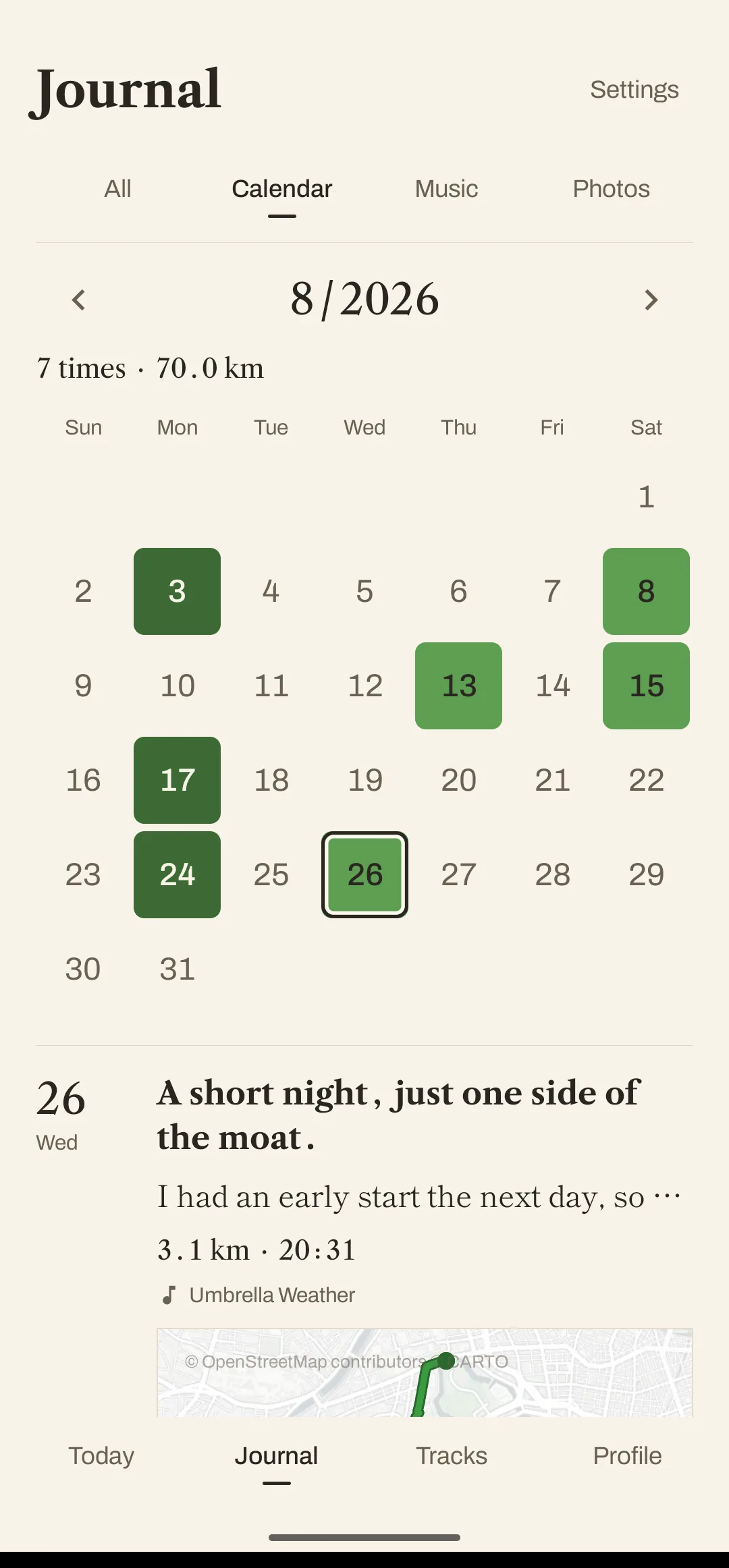 The calendar tab of the journal (sample records): a month with the days you ran filled in, and the record for the day you pick.