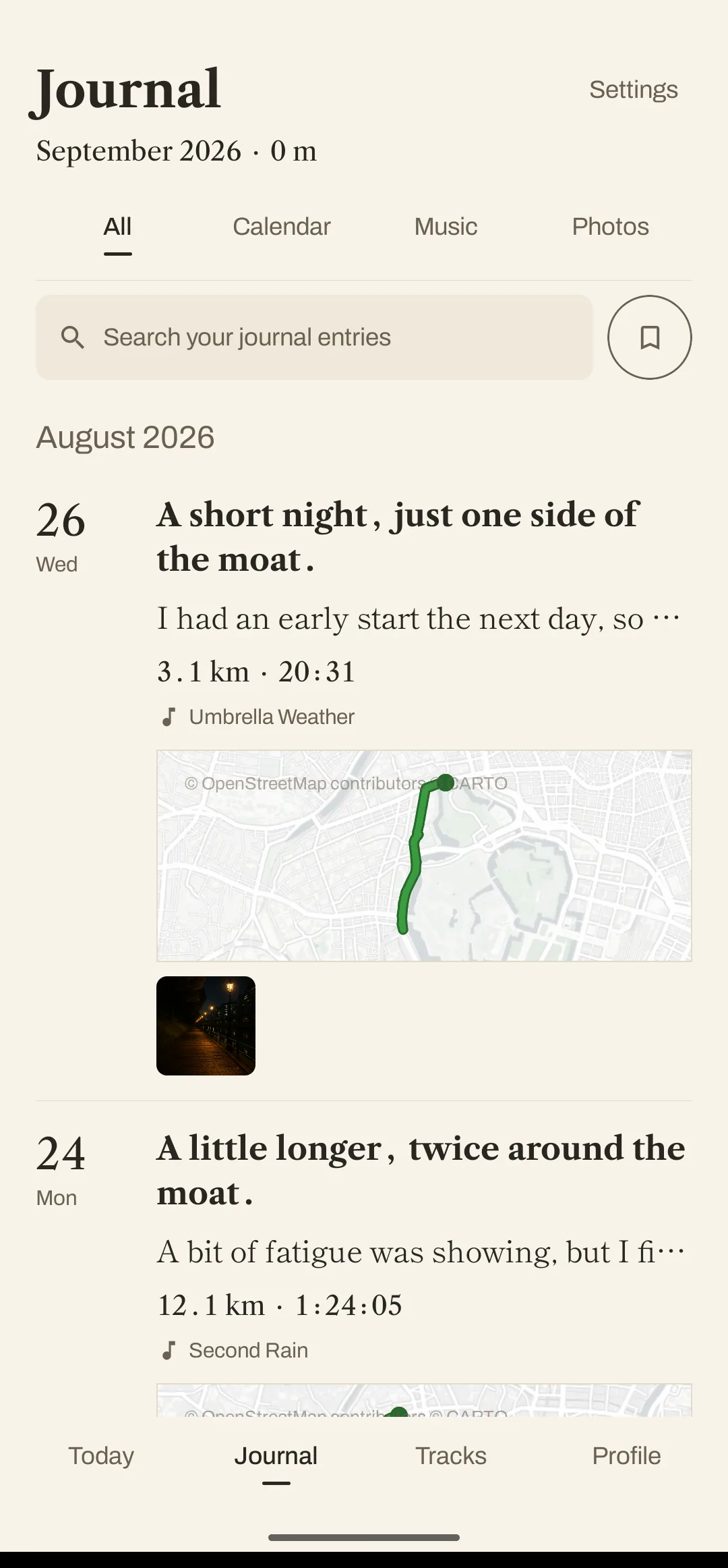The journal list (sample records). Under the month heading, each day&rsquo;s record holds its title, the opening words, distance and time, the song, the route on a map, and a photo from that day.