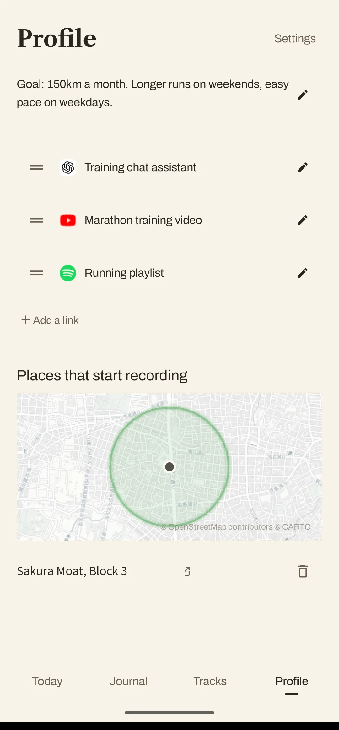 The Profile screen: a goal note, links to ChatGPT, YouTube and Spotify, and a map of a place that starts recording automatically.