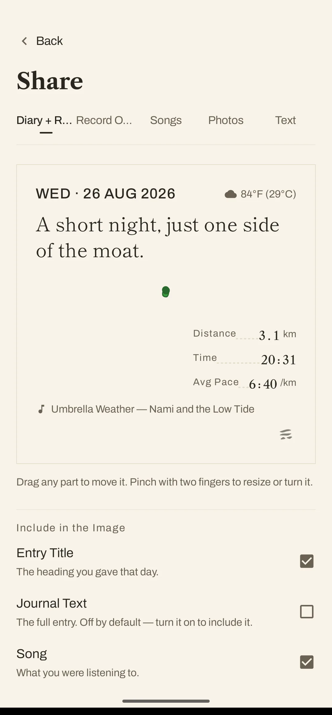 The share screen (sample record). Tabs for Diary + Record, Record Only, Songs, Photos and Text sit above the image being made, and below it &ldquo;Include in the Image&rdquo; switches the entry title, the journal text (off by default) and the song on or off.