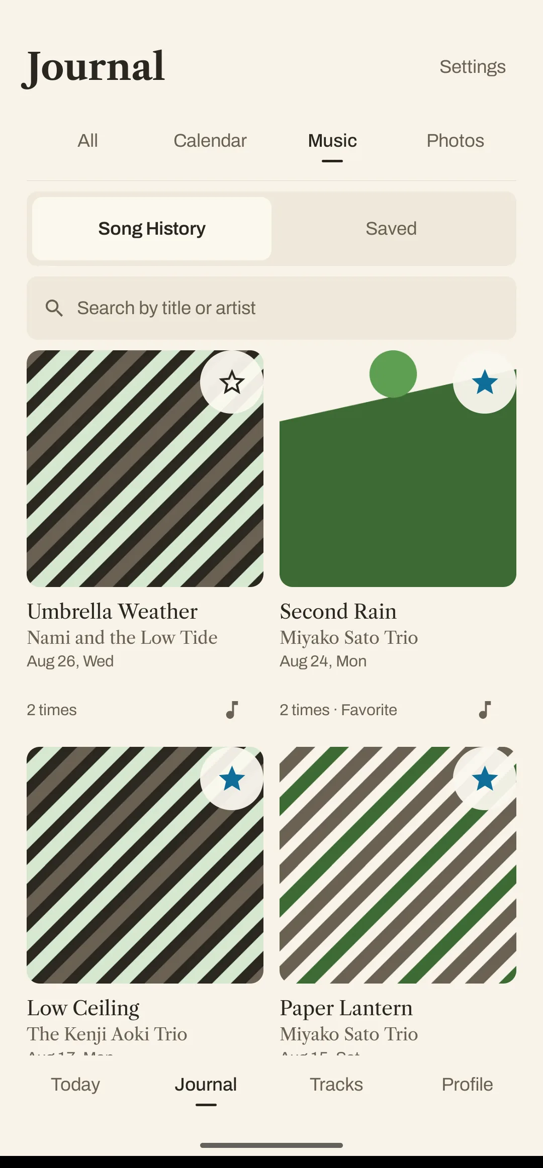 The journal&rsquo;s music tab, with History and Saved tabs, listing songs by the date they were heard.