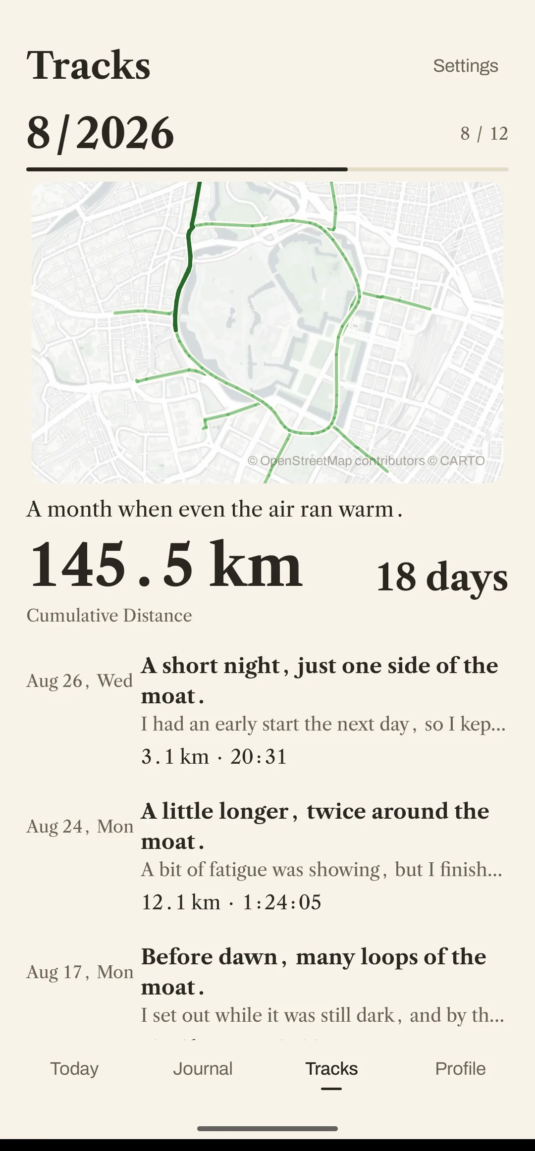 The tracks screen (sample records): every route run that month drawn over one map, with the cumulative distance and day count below it, then the days that month was run.
